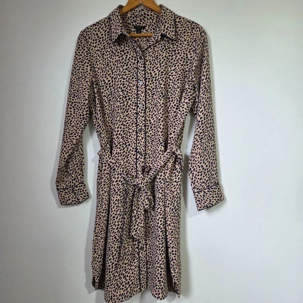 EUC ANN TAYLOR PETITE ANIMAL PRINT BUTTON DOWN LONGSLEEVES BELTED DRESS SIZE LP